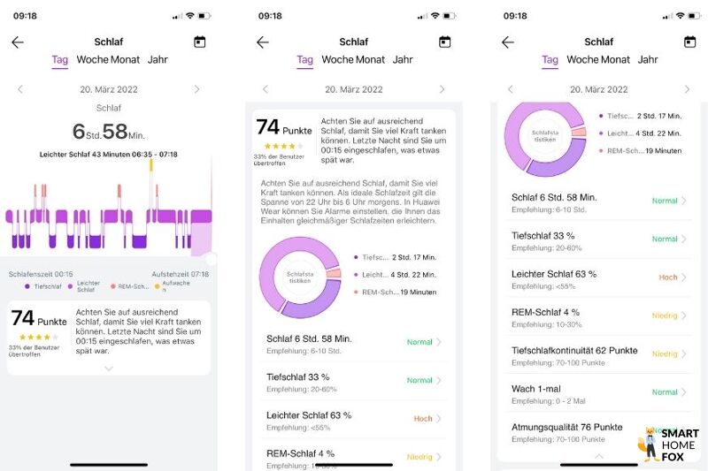 Man sieht die aufgezeichneten Schlafdaten in der Huawei Health App.